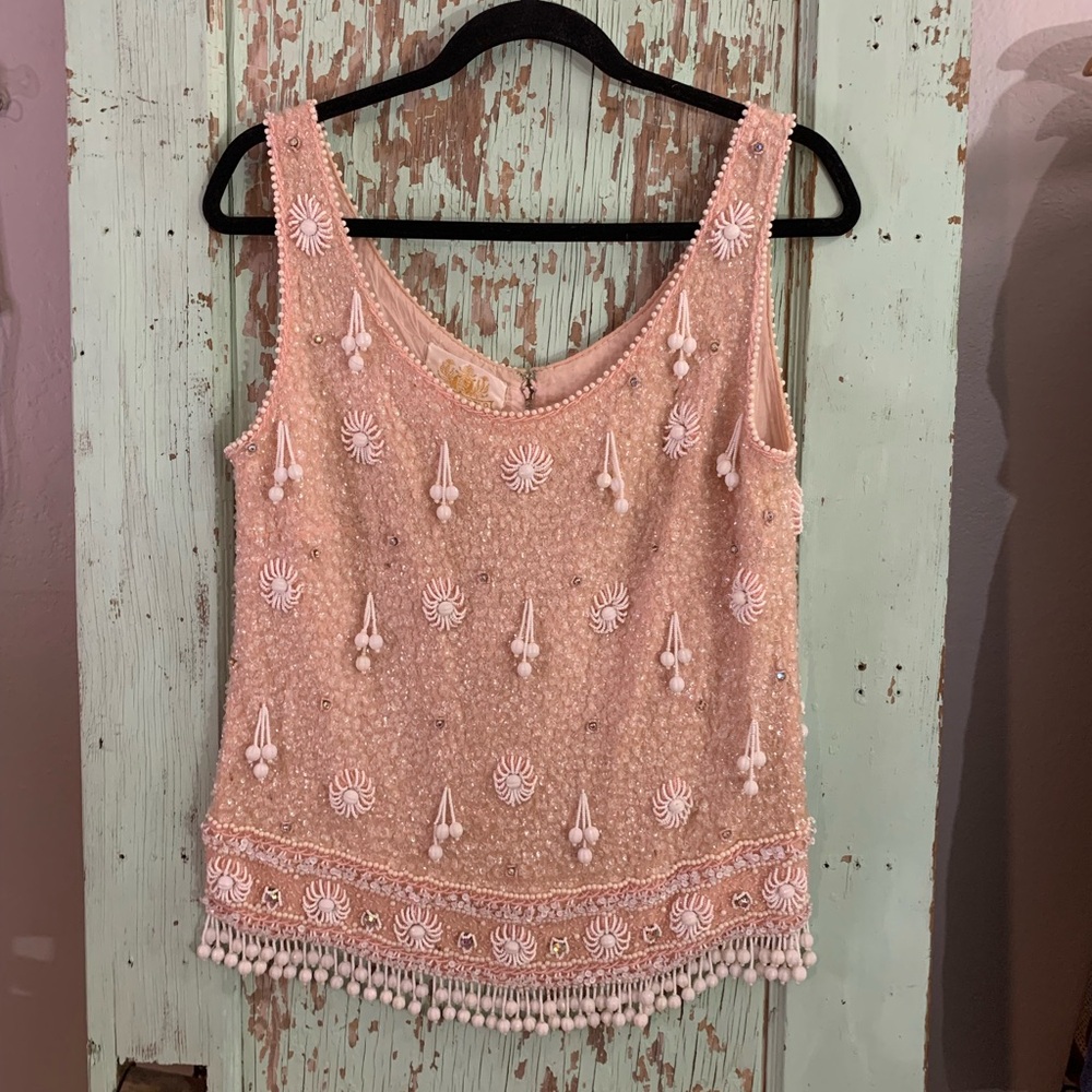Women’s House of Gold vintage pink beaded heavy tank top with back zip up